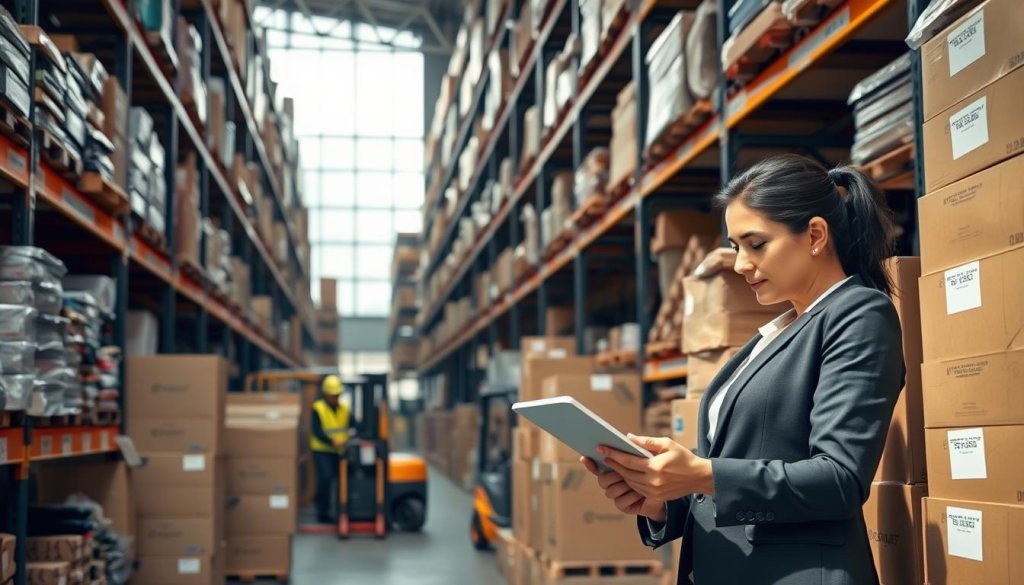 A detailed stock inventory scene in a modern warehouse, featuring neatly organized shelves filled with various products such as electronics, clothing, and packaged goods. In the foreground, a professional businesswoman in a tailored suit analyzes inventory data on a tablet while standing beside a tall stack of boxes. The middle section showcases a busy team of warehouse workers efficiently moving items with forklifts and hand trucks, all wearing safety gear. In the background, large windows let in soft, natural light, illuminating the space and casting gentle shadows. The atmosphere is focused and industrious, conveying the importance of effective inventory management and optimization. The camera angle captures the depth of the warehouse, emphasizing the scale of the stock levels.