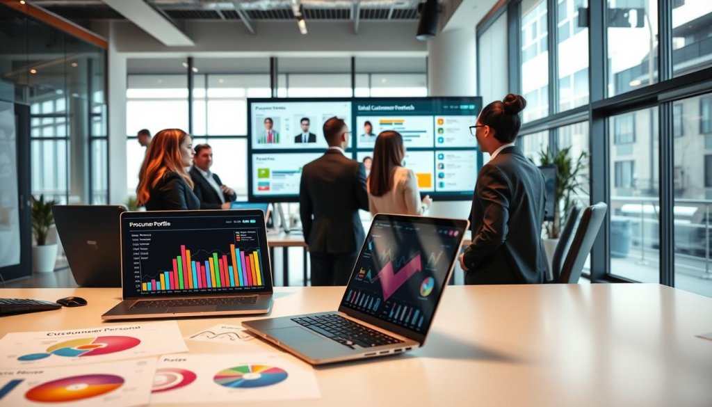A detailed visualization of an ideal customer profile for procurement outreach, showcasing a well-organized office setting. In the foreground, a sleek, modern desk is adorned with colorful graphs and charts depicting procurement data analytics, with a laptop open displaying relevant metrics. In the middle, a group of diverse professionals in business attire engage in discussion, analyzing a large digital screen featuring customer persona elements like demographics, roles, and interests. The background reveals a bright, airy office space with large windows letting in natural light, creating an optimistic atmosphere. The image is captured from a slight angle to highlight the interaction among the team members and the technology, emphasizing collaboration and strategy in a professional environment. A detailed visualization of an ideal customer profile for procurement outreach, showcasing a well-organized office setting. In the foreground, a sleek, modern desk is adorned with colorful graphs and charts depicting procurement data analytics, with a laptop open displaying relevant metrics. In the middle, a group of diverse professionals in business attire engage in discussion, analyzing a large digital screen featuring customer persona elements like demographics, roles, and interests. The background reveals a bright, airy office space with large windows letting in natural light, creating an optimistic atmosphere. The image is captured from a slight angle to highlight the interaction among the team members and the technology, emphasizing collaboration and strategy in a professional environment.