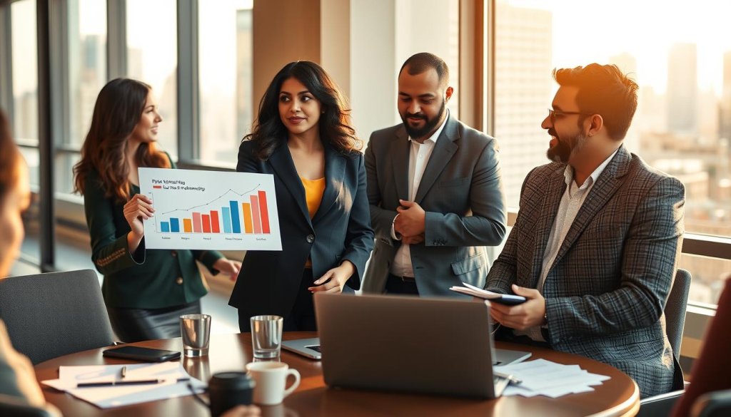 A diverse group of professionals engaged in a collaborative meeting, exchanging ideas and building long-term relationships. In the foreground, a South Asian woman in a smart business suit is presenting confidently, using a chart that illustrates growth and partnership. Beside her, a Middle-Eastern man in a tailored blazer listens attentively, jotting down notes. The middle ground features a round table with laptops, documents, and coffee cups, suggesting an atmosphere of collaboration. In the background, large windows reveal a city skyline, with warm sunlight flooding the room, creating a welcoming ambiance. The overall mood is optimistic and focused, emphasizing connection and strategic partnership in a modern office setting, captured with a slight depth of field effect to enhance the subjects while softening the background.