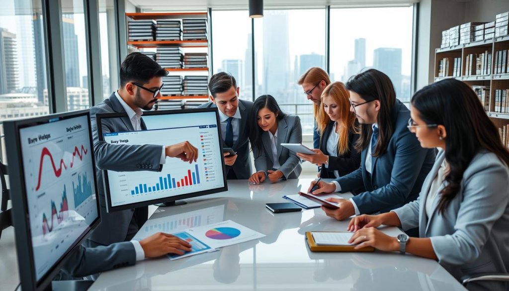 A diverse group of professionals in business attire collaborates around a large modern conference table, analyzing charts and data visualizations on digital screens showcasing supply chain metrics. In the foreground, one specialist points at a graphic illustrating buyer wedges, while another jots down notes on a tablet. The middle layer features a high-tech, well-lit office environment with large windows allowing natural light to stream in, surrounded by cityscape views. In the background, shelves filled with logistics modules, procurement materials, and operations manuals symbolize the broader supply chain context. The atmosphere is dynamic and focused, embodying teamwork and strategic planning, captured with a slightly elevated angle to emphasize collaboration.