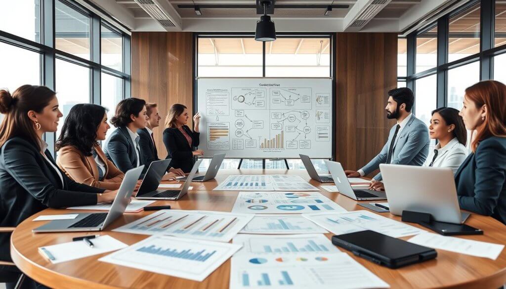 A diverse team of professionals in smart business attire is gathered around a large round table in a modern conference room, engaged in a brainstorming session. The foreground features laptops, charts, and graphs displaying complex data related to organizational complexity. In the middle ground, a whiteboard filled with diagrams illustrates various planning methodologies. The background has large windows allowing natural light to flood the room, showcasing a cityscape outside. The scene captures a collaborative and focused atmosphere, emphasizing teamwork and strategic evaluation. Soft, diffused lighting enhances the professional ambiance, with a slight lens blur to create depth. The overall mood conveys a sense of determination and readiness for advanced planning tools in a corporate environment.