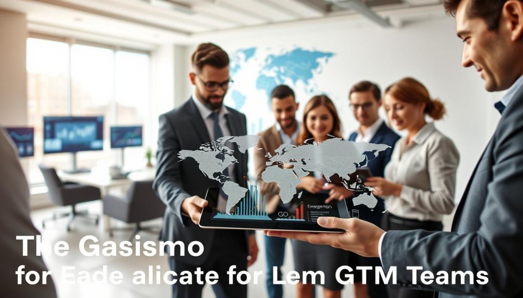 A dynamic and engaging visual illustrating "The Gasimo Advantage for Lean GTM Teams." In the foreground, feature a diverse team of professionals in smart business attire, collaborating around a digital tablet showcasing growth charts and international maps with interconnected nodes symbolizing lead generation. In the middle ground, include elements like a modern office setting with sleek furniture, a world map on the wall, and digital screens displaying analytics. The background should portray a bright, airy atmosphere with large windows allowing natural light to flood the room, creating an optimistic and focused mood. The scene should be captured with a shallow depth of field, emphasizing the teamwork and innovation, while soft lighting accentuates the professionalism of the space. A dynamic and engaging visual illustrating "The Gasimo Advantage for Lean GTM Teams." In the foreground, feature a diverse team of professionals in smart business attire, collaborating around a digital tablet showcasing growth charts and international maps with interconnected nodes symbolizing lead generation. In the middle ground, include elements like a modern office setting with sleek furniture, a world map on the wall, and digital screens displaying analytics. The background should portray a bright, airy atmosphere with large windows allowing natural light to flood the room, creating an optimistic and focused mood. The scene should be captured with a shallow depth of field, emphasizing the teamwork and innovation, while soft lighting accentuates the professionalism of the space.