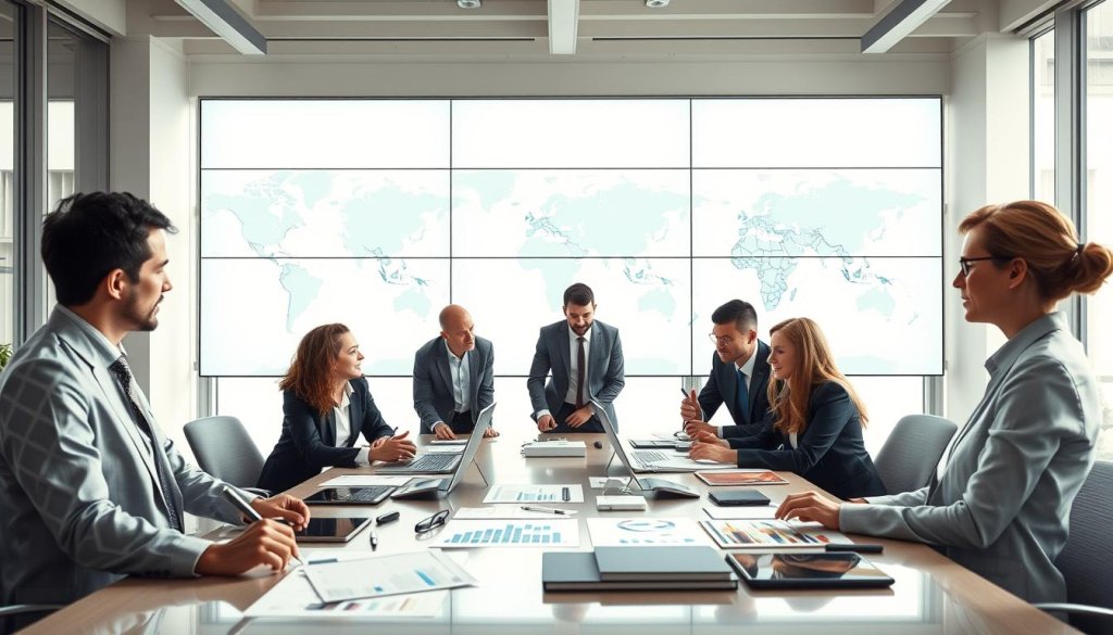 A dynamic business scene representing wholesale lead generation. In the foreground, a diverse group of professionals in business attire collaborates around a modern conference table laden with digital tools and lead generation charts. The middle layer shows large screens displaying global maps with highlighted countries, symbolizing international outreach. In the background, sleek office decor and large windows let in bright, natural light, creating an optimistic atmosphere. Soft shadows accentuate the facial expressions of focused engagement and discussion among the team. The image captures a feeling of innovation and opportunity in the world of wholesale distribution, emphasizing the importance of building global buyer conversations.