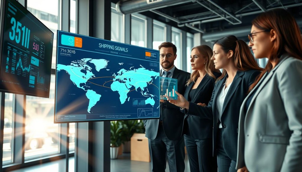 A dynamic office environment showcasing a team of diverse professionals in smart business attire, engaged in analyzing real-time shipping signals on multiple high-tech screens. In the foreground, a focused woman points at an interactive digital map displaying shipping routes and data points. The middle ground features two colleagues discussing insights from the screen, with holographic graphs and charts illustrating logistics efficiency. The background shows a modern workspace with large windows allowing natural light, casting a bright, inviting atmosphere. The scene conveys collaboration and innovation, with a lens flare effect to emphasize the cutting-edge technology. The overall mood is professional yet energetic, reflecting the importance of leveraging real-time data in logistics. A dynamic office environment showcasing a team of diverse professionals in smart business attire, engaged in analyzing real-time shipping signals on multiple high-tech screens. In the foreground, a focused woman points at an interactive digital map displaying shipping routes and data points. The middle ground features two colleagues discussing insights from the screen, with holographic graphs and charts illustrating logistics efficiency. The background shows a modern workspace with large windows allowing natural light, casting a bright, inviting atmosphere. The scene conveys collaboration and innovation, with a lens flare effect to emphasize the cutting-edge technology. The overall mood is professional yet energetic, reflecting the importance of leveraging real-time data in logistics.