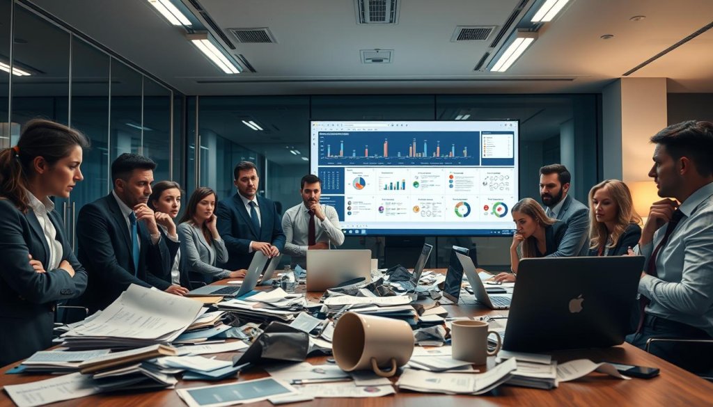 A frustrated business team in a modern office setting, showcasing lead generation failure for complex software. In the foreground, a group of diverse professionals in business attire, looking puzzled as they analyze a cluttered table filled with meaningless charts, broken laptops, and discarded paperwork. In the middle ground, a large screen displays a confusing sales pipeline with ambiguous data, while an overturned coffee cup adds a touch of chaos. The background features a sleek, glass-walled meeting room, dimly lit with overhead fluorescent lights casting an unflattering glare. The atmosphere is tense and disheartened, reflecting the challenges of generic lead generation in high-ACV SaaS products. The image captures the essence of struggle and confusion without any text elements. A frustrated business team in a modern office setting, showcasing lead generation failure for complex software. In the foreground, a group of diverse professionals in business attire, looking puzzled as they analyze a cluttered table filled with meaningless charts, broken laptops, and discarded paperwork. In the middle ground, a large screen displays a confusing sales pipeline with ambiguous data, while an overturned coffee cup adds a touch of chaos. The background features a sleek, glass-walled meeting room, dimly lit with overhead fluorescent lights casting an unflattering glare. The atmosphere is tense and disheartened, reflecting the challenges of generic lead generation in high-ACV SaaS products. The image captures the essence of struggle and confusion without any text elements.
