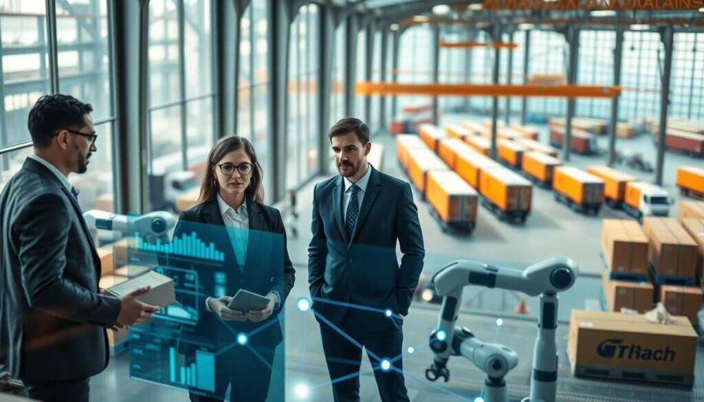 A futuristic warehouse setting showcasing advanced supply chain visibility. In the foreground, a diverse group of three professionals in smart business attire are analyzing digital data on transparent screens, highlighting key metrics and trends. In the middle ground, automated robots are efficiently moving packages, demonstrating seamless logistics connected through a network of visual lines. The background features a large window revealing a bustling shipping yard with trucks and containers, bathed in natural sunlight. The atmosphere is dynamic yet focused, emphasizing teamwork and innovation in managing supply chains. Use a wide-angle lens to capture the entire scene, with soft lighting that highlights the details of the technology and professionals, while casting subtle shadows for depth.