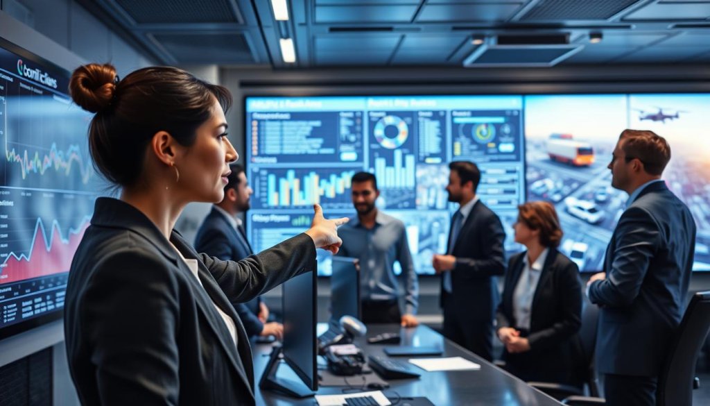 A high-tech logistics control room, featuring a diverse team of professionals in business attire, analyzing data visualizations on large screens. In the foreground, a woman pointing at a predictive analytics dashboard, illustrating trends in supply chain performance. In the middle ground, men and women engaged in collaborative discussions, surrounded by digital maps and inventory management systems, demonstrating the shift from reactive to predictive planning. The background showcases futuristic cityscapes with delivery drones and autonomous vehicles in motion. Soft yet focused overhead lighting enhances the atmosphere of innovation and teamwork, captured from a slightly elevated angle to provide depth and perspective on the collaborative workspace, conveying a sense of urgency and strategic focus in modern logistics operations.