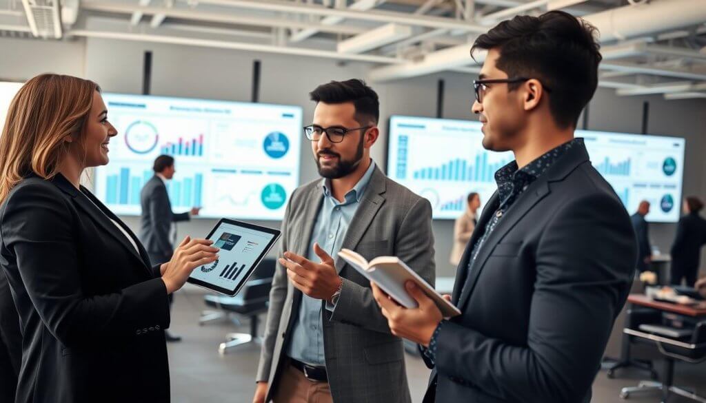 A modern office environment showcasing a diverse group of professionals engaged in a collaborative discussion about AI SaaS solutions. In the foreground, a confident woman in a tailored blazer uses a tablet to present data visualizations, while a man in a smart casual outfit actively listens, taking notes. In the middle ground, large screens display dynamic graphs and analytics related to demand forecasting, enhancing the high-tech atmosphere. The background contains sleek office furniture and large windows letting in sunlight, creating an energetic and motivating ambiance. The lighting is bright but soft, reflecting a professional yet inviting mood. Angled slightly to bring clarity to both the technology and the engaging interactions, the scene embodies innovation and teamwork in a business context.