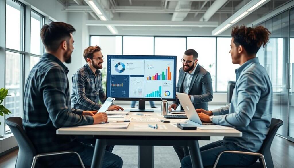 A modern office environment showcasing the integration of CRM and forecasting data. In the foreground, a diverse group of professionals—two men and one woman—are collaboratively examining a digital dashboard displayed on a sleek monitor, surrounded by colorful graphs and charts. In the middle, a table laden with laptops, data sheets, and analytics tools emphasizes productivity and teamwork. The background shows a bright, well-lit office with large windows allowing natural light to pour in, providing an open and inviting atmosphere. The image should use a wide-angle lens for depth, capturing the dynamic interactions and focused expressions of the team engaged in strategic discussions. The mood is optimistic and professional, symbolizing innovation and forward-thinking in data integration.