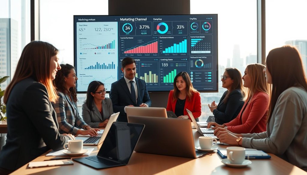 A modern office setting featuring a diverse team of professionals engaged in discussions around a large digital screen displaying various marketing channel metrics. In the foreground, a businesswoman and businessman, dressed in smart professional attire, are analyzing data and brainstorming ideas. In the middle, a table filled with laptops, notepads, and coffee cups illustrates a collaborative atmosphere. The background showcases a large window with a city skyline, bathing the scene in natural light. The mood is dynamic and focused, emphasizing teamwork and strategic planning. Soft lighting casts gentle shadows, creating a warm, inviting environment that encourages innovation and exploration.