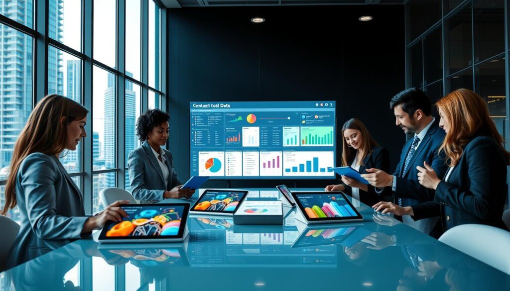 A modern office setting illustrating data enrichment concepts for contact data. In the foreground, a diverse group of three professionals in smart business attire are gathered around a sleek conference table, engaging with digital tablets displaying colorful data visualizations and graphs. In the middle, a large digital screen showcases an interactive data dashboard filled with enriched contact data, highlighting key metrics and trends. The background features large windows with a view of a bustling cityscape, allowing natural light to flood the room, creating a vibrant, productive atmosphere. The lighting is bright and inviting, emphasizing collaboration and innovation in the workplace. The overall mood is focused yet dynamic, illustrating the integration of technology into effective prospecting strategies. A modern office setting illustrating data enrichment concepts for contact data. In the foreground, a diverse group of three professionals in smart business attire are gathered around a sleek conference table, engaging with digital tablets displaying colorful data visualizations and graphs. In the middle, a large digital screen showcases an interactive data dashboard filled with enriched contact data, highlighting key metrics and trends. The background features large windows with a view of a bustling cityscape, allowing natural light to flood the room, creating a vibrant, productive atmosphere. The lighting is bright and inviting, emphasizing collaboration and innovation in the workplace. The overall mood is focused yet dynamic, illustrating the integration of technology into effective prospecting strategies.