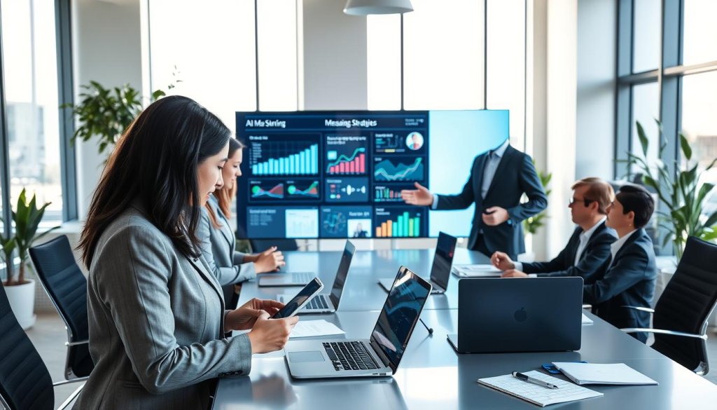 A modern office setting with an AI-themed design, showcasing a diverse group of business professionals in formal attire engaged in a collaborative discussion. In the foreground, a confident woman with dark hair is attentively analyzing data on a tablet, while a middle-aged man with light brown hair gestures towards a large digital screen displaying dynamic graphs and messaging strategies. In the middle ground, a sleek conference table is filled with laptops and notepads, embodying a technological atmosphere. The background features large windows allowing in soft natural light, illuminating the room and creating a productive mood. The color palette includes blues and greys, suggesting professionalism and innovation, with a hint of green from potted plants, adding a touch of life to the space. A modern office setting with an AI-themed design, showcasing a diverse group of business professionals in formal attire engaged in a collaborative discussion. In the foreground, a confident woman with dark hair is attentively analyzing data on a tablet, while a middle-aged man with light brown hair gestures towards a large digital screen displaying dynamic graphs and messaging strategies. In the middle ground, a sleek conference table is filled with laptops and notepads, embodying a technological atmosphere. The background features large windows allowing in soft natural light, illuminating the room and creating a productive mood. The color palette includes blues and greys, suggesting professionalism and innovation, with a hint of green from potted plants, adding a touch of life to the space.