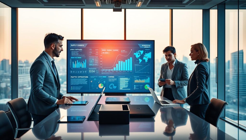 A modern office space designed for supply chain planning, showcasing a diverse group of three professionals—two men and one woman—in smart business attire engaged in a collaborative discussion around a large digital screen displaying complex supply chain analytics. In the foreground, a high-tech conference table with tablets and laptops scattered about. In the middle ground, graphical representations of logistics, procurement, and operational flows highlighted on the screen. The background features a large window with a cityscape view, and warm natural light illuminating the room, creating a dynamic and focused atmosphere. The image should evoke a sense of innovation and professionalism, capturing the essence of AI-driven supply chain strategies.