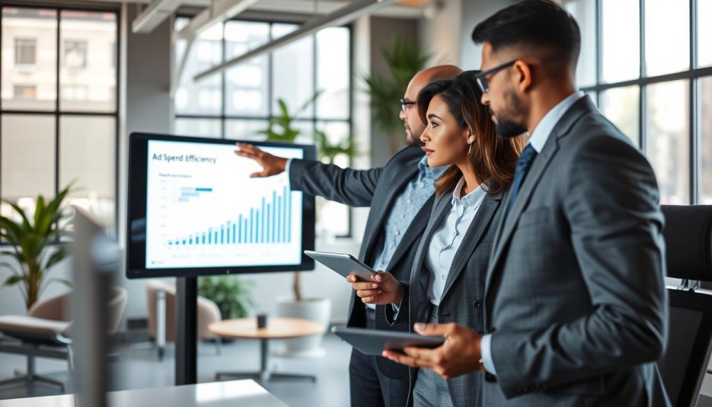 A modern office workspace featuring a diverse group of three professionals analyzing digital charts and graphs on a large screen. In the foreground, a focused woman in a tailored business suit points at a graph labeled "Ad Spend Efficiency," while a man in formal attire takes notes on a tablet. In the middle, a relaxed atmosphere with ergonomic furniture and greenery, emphasizing teamwork and collaboration. In the background, large windows allow natural light to flood the room, creating an inviting ambiance. The color scheme is cool and professional, with blues and greys dominating. The overall mood conveys a sense of strategic planning and care in financial management, highlighting the importance of negative keyword hygiene in a business context. A modern office workspace featuring a diverse group of three professionals analyzing digital charts and graphs on a large screen. In the foreground, a focused woman in a tailored business suit points at a graph labeled "Ad Spend Efficiency," while a man in formal attire takes notes on a tablet. In the middle, a relaxed atmosphere with ergonomic furniture and greenery, emphasizing teamwork and collaboration. In the background, large windows allow natural light to flood the room, creating an inviting ambiance. The color scheme is cool and professional, with blues and greys dominating. The overall mood conveys a sense of strategic planning and care in financial management, highlighting the importance of negative keyword hygiene in a business context.