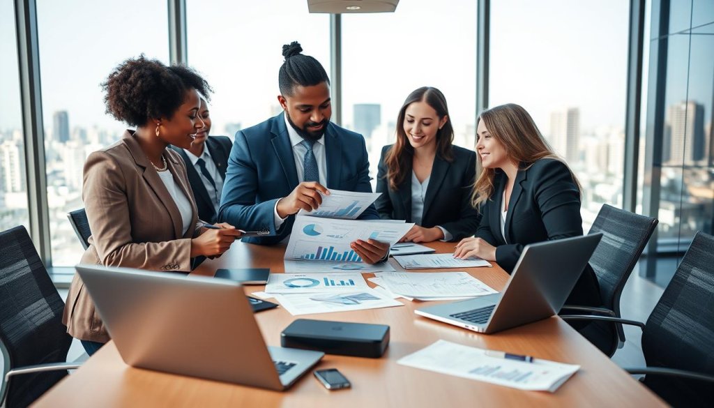 A modern, professional office environment depicting a diverse group of business professionals engaged in a brainstorming session. Foreground: Focus on two individuals, a Black woman and a Caucasian man, both dressed in smart business attire, examining graphs and charts on a tablet, reflecting a sense of collaboration. Middle ground: A sleek conference table with laptops, notepads, and data analytics reports scattered around, illustrating the concept of intent data analysis. Background: Large windows showcasing a city skyline under bright daylight, creating an atmosphere of innovation and productivity. Soft, diffused lighting highlights the scene, and the composition is shot from a slightly elevated angle, providing depth and context to the dynamic interactions. The overall mood should convey focus, determination, and teamwork in a modern business setting. A modern, professional office environment depicting a diverse group of business professionals engaged in a brainstorming session. Foreground: Focus on two individuals, a Black woman and a Caucasian man, both dressed in smart business attire, examining graphs and charts on a tablet, reflecting a sense of collaboration. Middle ground: A sleek conference table with laptops, notepads, and data analytics reports scattered around, illustrating the concept of intent data analysis. Background: Large windows showcasing a city skyline under bright daylight, creating an atmosphere of innovation and productivity. Soft, diffused lighting highlights the scene, and the composition is shot from a slightly elevated angle, providing depth and context to the dynamic interactions. The overall mood should convey focus, determination, and teamwork in a modern business setting.