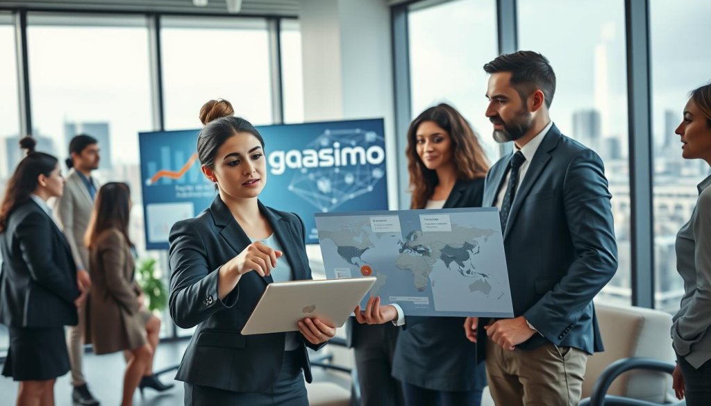 A modern, sleek office environment with a team of diverse professionals engaged in a brainstorming session. In the foreground, a confident woman in a smart business suit points at a digital tablet displaying data analytics related to logistics. Next to her, a man in business casual attire is discussing ideas, using visual aids that show graphs and transportation routes. The middle ground features a large interactive screen displaying the Gasimo logo, surrounded by logistical maps and operation flowcharts. Soft, focused lighting highlights the collaboration, creating a motivating atmosphere. The background consists of large windows showing an urban skyline, symbolizing connectivity and growth. The camera angle is slightly elevated, giving a sense of dynamic teamwork and strategic refining of approaches in logistics. A modern, sleek office environment with a team of diverse professionals engaged in a brainstorming session. In the foreground, a confident woman in a smart business suit points at a digital tablet displaying data analytics related to logistics. Next to her, a man in business casual attire is discussing ideas, using visual aids that show graphs and transportation routes. The middle ground features a large interactive screen displaying the Gasimo logo, surrounded by logistical maps and operation flowcharts. Soft, focused lighting highlights the collaboration, creating a motivating atmosphere. The background consists of large windows showing an urban skyline, symbolizing connectivity and growth. The camera angle is slightly elevated, giving a sense of dynamic teamwork and strategic refining of approaches in logistics.