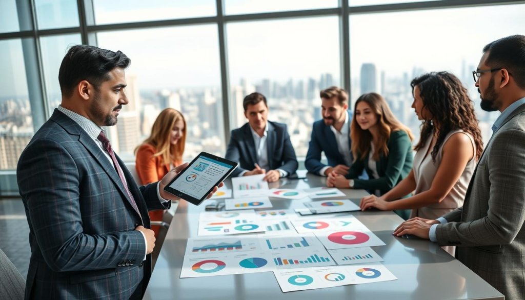 A professional business environment featuring a diverse group of individuals engaging in a dynamic brainstorming session. In the foreground, a confident man in a tailored suit presents data on a digital tablet to a focused mixed-gender team, all dressed in smart casual attire. The middle ground showcases a sleek conference table scattered with colorful charts and graphs, emphasizing a discussion on ideal customer profiles for SaaS products. The background features large windows with a city skyline, allowing natural light to fill the room, creating an atmosphere of collaboration and innovation. Capture this scene from a slightly elevated angle to highlight the interaction and activity, ensuring a bright and optimistic mood throughout the image.