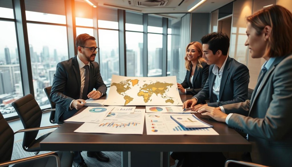 A professional business environment showcasing outbound growth strategies for wholesale distribution. In the foreground, a diverse group of three professionals, two men and one woman, engage in a strategic discussion, all dressed in smart business attire. In the middle, visualize a large conference table covered with market analysis reports, charts, and a world map showing global trade routes. The background features a large window with a city skyline, indicating a bustling market atmosphere. The lighting is bright and inspirational, with a warm glow highlighting the faces of the team. The angle captures the interaction among the professionals, enhancing the collaborative mood of strategy implementation in a global context.