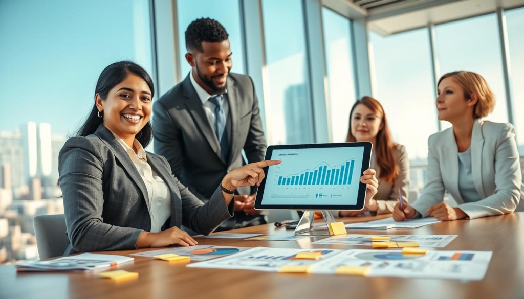 A professional business meeting is taking place in a modern office setting, showcasing a diverse group of four individuals engaged in discussions around a large table. In the foreground, a smiling South Asian woman, dressed in a smart blazer, points at a digital tablet displaying market analysis graphs. Next to her, an African American man in a crisp suit takes notes, while a Caucasian woman in business casual attire listens attentively. In the background, large windows allow natural light to flood the room, revealing a city skyline and a clear blue sky. The atmosphere is focused and collaborative, with charts and post-it notes spread across the table, symbolizing the testing of go-to-market strategies. The composition highlights a sense of innovation and teamwork, captured with a slightly elevated angle to emphasize the interaction among the team members. A professional business meeting is taking place in a modern office setting, showcasing a diverse group of four individuals engaged in discussions around a large table. In the foreground, a smiling South Asian woman, dressed in a smart blazer, points at a digital tablet displaying market analysis graphs. Next to her, an African American man in a crisp suit takes notes, while a Caucasian woman in business casual attire listens attentively. In the background, large windows allow natural light to flood the room, revealing a city skyline and a clear blue sky. The atmosphere is focused and collaborative, with charts and post-it notes spread across the table, symbolizing the testing of go-to-market strategies. The composition highlights a sense of innovation and teamwork, captured with a slightly elevated angle to emphasize the interaction among the team members.