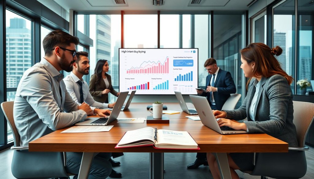 A professional business meeting scene set in a modern conference room. In the foreground, a diverse group of four individuals, two men and two women, dressed in smart business attire, are engaged in an animated discussion around a table dotted with laptops and documents. In the middle, a large screen displays graphs and data analytics, conveying clear high-intent buying signals, while a notepad with key insights lies open. The background features large windows with city views, allowing natural light to illuminate the space and create a dynamic atmosphere. The overall mood is focused and strategic, highlighting a sense of urgency and purpose in the procurement decision-making process. A professional business meeting scene set in a modern conference room. In the foreground, a diverse group of four individuals, two men and two women, dressed in smart business attire, are engaged in an animated discussion around a table dotted with laptops and documents. In the middle, a large screen displays graphs and data analytics, conveying clear high-intent buying signals, while a notepad with key insights lies open. The background features large windows with city views, allowing natural light to illuminate the space and create a dynamic atmosphere. The overall mood is focused and strategic, highlighting a sense of urgency and purpose in the procurement decision-making process.
