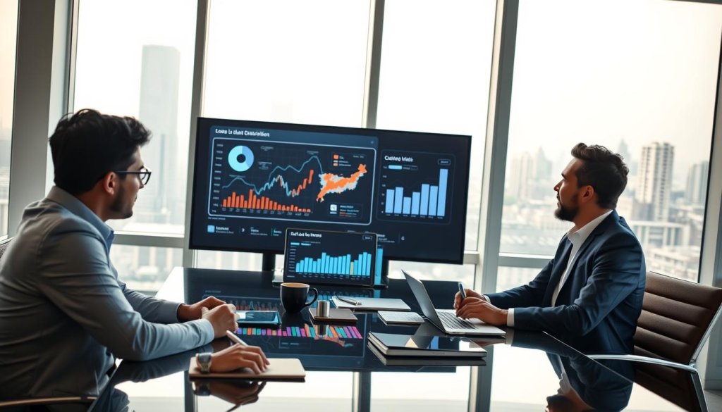 A professional business setting showcasing Indian exporters and SaaS teams engaged in lead generation. In the foreground, a diverse group of three professionals, two men and one woman, dressed in smart business attire, are discussing strategy around a modern conference table with digital devices in front of them. In the middle ground, a sleek, large screen displays analytics and graphs related to global distribution. The background features a large window with a city skyline, suggesting an international market environment. Soft, natural lighting from the window creates a warm and inviting atmosphere, while a wide-angle lens captures the collaborative energy of the scene. The mood is focused and optimistic, reflecting innovation and growth in the global business landscape. A professional business setting showcasing Indian exporters and SaaS teams engaged in lead generation. In the foreground, a diverse group of three professionals, two men and one woman, dressed in smart business attire, are discussing strategy around a modern conference table with digital devices in front of them. In the middle ground, a sleek, large screen displays analytics and graphs related to global distribution. The background features a large window with a city skyline, suggesting an international market environment. Soft, natural lighting from the window creates a warm and inviting atmosphere, while a wide-angle lens captures the collaborative energy of the scene. The mood is focused and optimistic, reflecting innovation and growth in the global business landscape.
