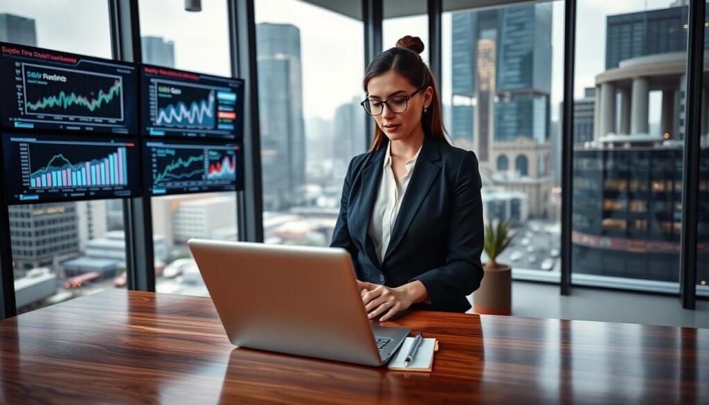 A professional businesswoman stands confidently in a modern office setting, surrounded by digital screens displaying supply chain data and graphs. She is dressed in smart business attire, with a focused expression as she reviews a presentation on her sleek laptop. The foreground includes a polished wooden desk with a notepad and pen, while the middle ground features the woman engaged in her work. In the background, large windows reveal a bustling cityscape, filling the room with natural light that highlights the professionalism of the environment. The atmosphere is one of determination and clarity, evoking a sense of purpose in tackling disruption and delays in supply chains. The camera angle is slightly elevated, providing a dynamic view of the scene.