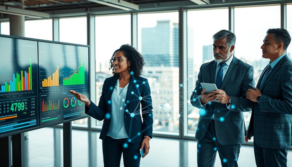 A professional, modern office setting featuring data analysts engaged in productive discussions. In the foreground, a diverse team of three professionals—two men and one woman—analyzing colorful data visualizations on large screens and holographic displays. One analyst, a Black woman in a smart blazer, gestures toward a chart, while a white man in a business suit takes notes on his tablet. In the middle ground, advanced technology such as a digital data map, showcasing interconnected nodes, flows between them. The background shows an open, well-lit office with floor-to-ceiling windows, revealing a bustling cityscape. Soft, natural lighting highlights the team's engagement, creating a bright and optimistic atmosphere, symbolizing the significance of data enrichment and hygiene in enhancing decision-making.