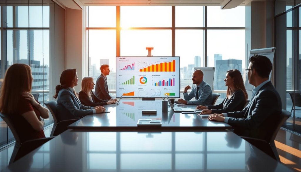 A sleek, modern office environment with a large conference table in the foreground, surrounded by professionals in business attire engaged in a discussion. The middle ground features a digital screen displaying colorful graphs and analytics focused on conversion rates and key performance indicators. Bright natural light floods the room through large windows, creating an uplifting atmosphere. Subtle reflections of cityscapes can be seen outside. In the background, a whiteboard filled with notes and diagrams enhances the focus on data-driven decision-making. Capture the scene from a slightly elevated angle, showcasing both the engaged team and the informative visuals, evoking a mood of collaboration and success.