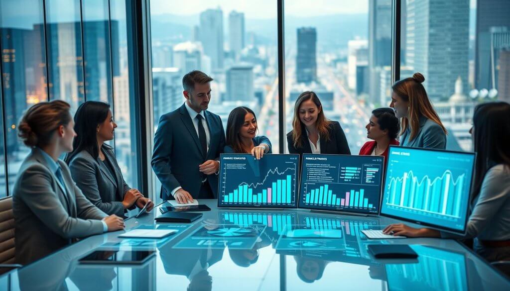 A sophisticated and modern office environment, featuring a large glass window with a panoramic view of a bustling cityscape, reflecting the vibrancy of the market. In the foreground, a diverse group of professionals engage in a collaborative discussion around a sleek conference table adorned with digital devices and graphs. One individual, dressed in a crisp suit, points to a digital display illustrating demand forecasting data. The middle ground shows interactive screens showcasing fluctuating sales trends and statistical analyses. Soft, ambient lighting creates a productive atmosphere, with a slight focus on the professionals' expressions of concentration and creativity. The background subtly hints at busy city life, symbolizing market dynamics, with a color palette of blues and greens to convey clarity and growth.