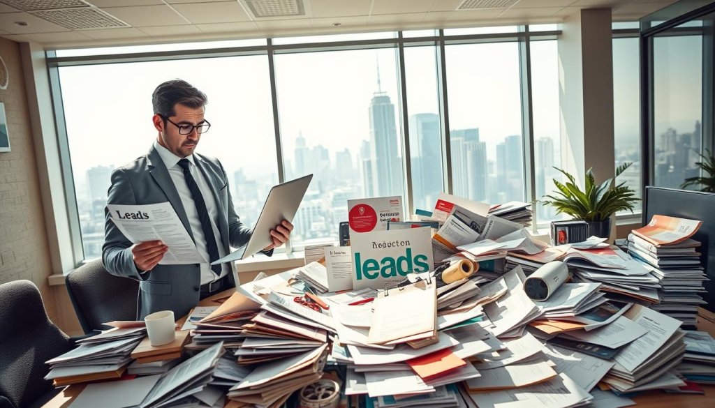 A stylized office environment illustrating the concept of traditional outbound marketing failure in the SaaS industry. In the foreground, a frustrated business professional in smart casual attire, holding a laptop and analyzing an overwhelming amount of paperwork entitled "Leads". The middle section features a cluttered desk filled with brochures, cold call scripts, and outdated marketing materials, symbolizing ineffective outreach efforts. In the background, a city skyline is visible through large windows, contrasting modernity with the outdated methods. The lighting is natural, streaming in soft rays highlighting the chaos of the desk, creating a mood of frustration and urgency. The camera angle is slightly top-down, focusing on the mess to encapsulate the essence of rejection and inefficiency in traditional approaches.