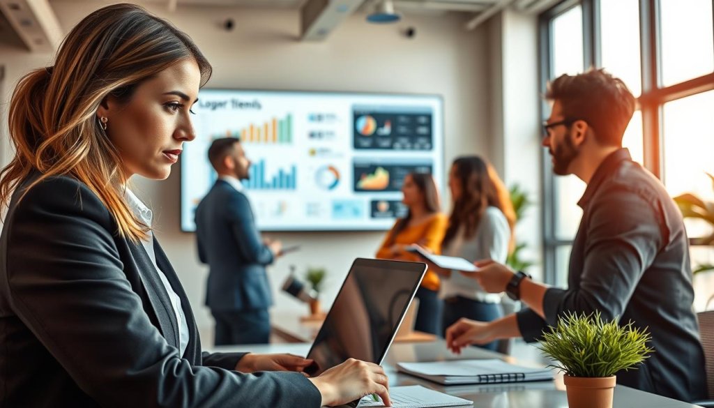 A visually striking office environment showcasing a diverse group of business professionals analyzing high-intent signals for logistics software. In the foreground, a focused woman in professional attire studies data on her laptop, her expression conveying determination. The middle ground features a diverse team of men and women discussing charts and graphs displayed on a large screen, highlighting key metrics and buyer profiles. The background includes a modern office space with bright, natural lighting coming through large windows, emphasizing a sense of clarity and productivity. The atmosphere is collaborative and dynamic, with a clean and organized aesthetic that embodies the logistics and operations industry. A visually striking office environment showcasing a diverse group of business professionals analyzing high-intent signals for logistics software. In the foreground, a focused woman in professional attire studies data on her laptop, her expression conveying determination. The middle ground features a diverse team of men and women discussing charts and graphs displayed on a large screen, highlighting key metrics and buyer profiles. The background includes a modern office space with bright, natural lighting coming through large windows, emphasizing a sense of clarity and productivity. The atmosphere is collaborative and dynamic, with a clean and organized aesthetic that embodies the logistics and operations industry.