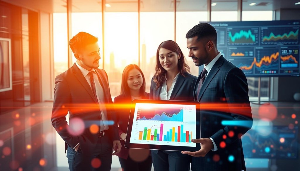 A visually striking representation of intent data for lead generation in the context of AI supply chain software. In the foreground, a diverse group of three professionals in business attire is engaged in a strategic discussion around a digital tablet displaying colorful graphs and charts representing intent data trends. In the middle, a sleek, modern office environment with large windows showcasing a city skyline creates a bright atmosphere, complemented by warm, diffused lighting. The background features a digital dashboard on a large screen, displaying analytics and key performance indicators in a high-tech, futuristic style. The overall mood is focused and dynamic, emphasizing the importance of data-driven insights in identifying ready-to-buy prospects.