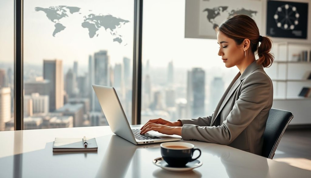 A well-dressed professional woman sits at a sleek desk in a modern office, focused on her laptop screen, crafting a tailored message. In the foreground, a notepad and a cup of coffee are visible, suggesting a brainstorming session. In the middle ground, a large window offers a view of a bustling cityscape, emphasizing the global business environment. Soft natural light streams in, creating a warm and inviting atmosphere, while subtle shadows add depth to the scene. In the background, abstract world maps and charts decorate the walls, hinting at international outreach. The overall mood is one of concentration and professionalism, reflecting the importance of effective communication in reaching global buyers.