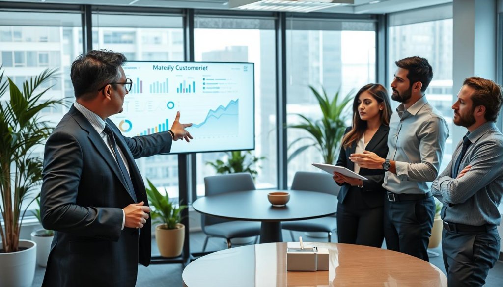 A well-organized office setting showcasing a diverse group of professionals engaged in a discussion about defining an ideal customer profile. In the foreground, a middle-aged South Asian man in a tailored suit points toward a digital screen displaying analytical graphs and customer metrics. To his right, a young woman in smart business attire takes notes, while a Hispanic man, dressed in a casual but professional shirt, actively suggests ideas. In the background, a modern conference room with large windows allowing natural light, plants in the corners, and a stylish round table enhances the atmosphere of collaboration and professionalism. The mood is focused and dynamic, illustrating teamwork and strategy in a global business context.