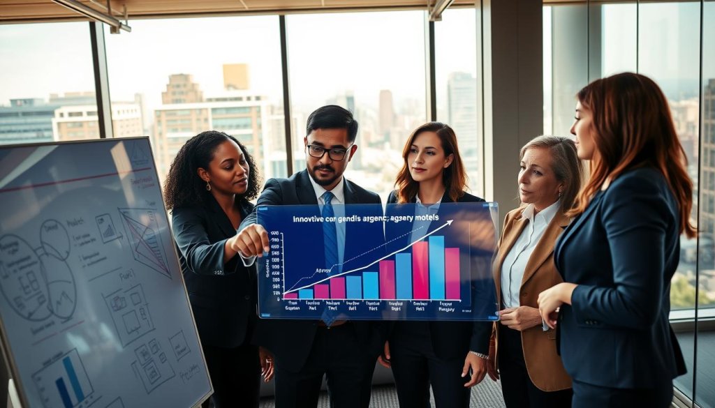 In a modern office setting, a diverse group of professionals in business attire engages in a collaborative discussion around a large digital display. The foreground features a focused team of three individuals—one Black woman, one Asian man, and one Caucasian woman—pointing at a graph illustrating innovative agency models that extend beyond traditional percentage-of-spend practices. The middle ground showcases whiteboards filled with strategic diagrams and notes. In the background, large windows reveal a bustling urban landscape, indicating a thriving business environment. The scene is well-lit with warm, natural sunlight streaming in, creating a vibrant and dynamic atmosphere. The angle should reflect a slightly elevated perspective, enhancing the sense of teamwork and forward-thinking. In a modern office setting, a diverse group of professionals in business attire engages in a collaborative discussion around a large digital display. The foreground features a focused team of three individuals—one Black woman, one Asian man, and one Caucasian woman—pointing at a graph illustrating innovative agency models that extend beyond traditional percentage-of-spend practices. The middle ground showcases whiteboards filled with strategic diagrams and notes. In the background, large windows reveal a bustling urban landscape, indicating a thriving business environment. The scene is well-lit with warm, natural sunlight streaming in, creating a vibrant and dynamic atmosphere. The angle should reflect a slightly elevated perspective, enhancing the sense of teamwork and forward-thinking.