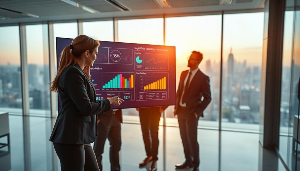 In the foreground, a diverse group of three professionals in smart business attire, one woman and two men, interact with a large digital screen displaying colorful graphs and key performance indicators related to supply chain visibility. The middle layer showcases a high-tech office environment with sleek furniture and modern equipment, emphasizing a collaborative atmosphere. The background features a large window with a panoramic view of a city skyline, bathed in warm, natural light during late afternoon. The technical details include sharp focus on the subjects with a slight bokeh effect on the background, highlighting the interaction with the software. The overall mood is energetic and forward-thinking, reflecting a commitment to analyzing data for improved efficiency and success in supply chain management.