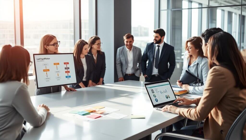 A bright, modern office setting serves as the backdrop, with large windows allowing natural light to flood in. In the foreground, a diverse group of professionals, dressed in smart business attire, engage in a collaborative discussion around a sleek conference table. One person, a woman with glasses, points at a digital screen displaying a flowchart of lead qualification processes. In the middle ground, several colorful sticky notes and a laptop with data visualization graphics indicate brainstorming and strategizing efforts. The atmosphere is focused yet dynamic, conveying energy and teamwork. Soft shadows enhance the depth of the scene, and a wide-angle lens captures the collaborative spirit of the environment. Bright but soft lighting contributes to a productive and positive mood, ideal for generating innovative ideas.