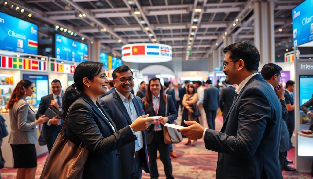 A bustling international trade fair scene set in an elegantly designed exhibition hall. In the foreground, a diverse group of business professionals, each clad in smart business attire, engage in animated discussions. Two professionals, one Indian and one foreign, are exchanging business cards with smiling expressions, symbolizing connection. In the middle ground, colorful display booths feature products from various countries, showcasing cultural diversity. The background reveals large digital screens with country flags, creating a vibrant and global atmosphere. Soft, warm lighting enhances the professional yet welcoming mood, while a wide-angle lens captures the dynamic energy of the trade show setting, illustrating the essence of overcoming language and communication barriers in global business.