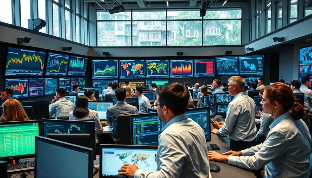 A bustling operations market intelligence command center filled with professionals analyzing data trends. In the foreground, a diverse group of business analysts in professional attire, focused on digital screens displaying colorful charts, graphs, and maps. The middle ground features digital dashboards illustrating complex data flows, with vibrant visuals of supply chains and market insights. The background shows a high-tech environment with large windows allowing natural light to flood in, creating a bright atmosphere. The scene is composed with a slightly elevated angle, capturing both the intensity of the work and the collaborative spirit. The overall mood is dynamic and focused, highlighting the importance of informed decision-making in operations-heavy markets. A bustling operations market intelligence command center filled with professionals analyzing data trends. In the foreground, a diverse group of business analysts in professional attire, focused on digital screens displaying colorful charts, graphs, and maps. The middle ground features digital dashboards illustrating complex data flows, with vibrant visuals of supply chains and market insights. The background shows a high-tech environment with large windows allowing natural light to flood in, creating a bright atmosphere. The scene is composed with a slightly elevated angle, capturing both the intensity of the work and the collaborative spirit. The overall mood is dynamic and focused, highlighting the importance of informed decision-making in operations-heavy markets.
