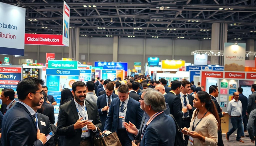 A bustling trade event scene showcasing professional businesspeople networking. In the foreground, a diverse group of individuals in professional attire, engaged in conversation and exchanging business cards, with smiles and gestures portraying enthusiasm. In the middle ground, trade booths display vibrant banners with various brands and products related to global distribution. The background features a spacious, well-lit hall filled with more attendees, creating a sense of activity and opportunity. Soft, warm lighting enhances the collaborative mood, while a wide-angle perspective captures the dynamic atmosphere of the event. The colors are rich and inviting, reflecting a spirit of global commerce and partnership.