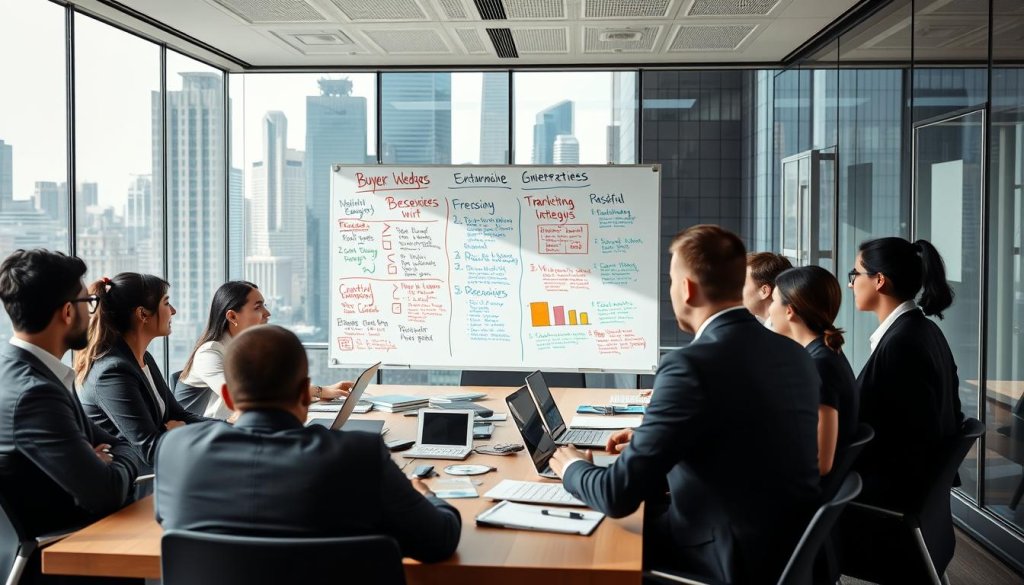 A busy and modern office setting where professionals are actively engaged in discussing and testing messaging strategies for international buyer lead generation. In the foreground, a diverse group of individuals, dressed in smart business attire, are gathered around a large conference table covered with laptops, charts, and mock-up marketing materials. In the middle ground, a large whiteboard displays intricate buyer wedges and messaging concepts sketched out in vibrant colors, illustrating their brainstorming process. The background shows glass walls that reveal a bustling cityscape, filled with skyscrapers under clear bright lighting, creating a productive and innovative atmosphere. The image captures a sense of collaboration, focus, and forward-thinking, emphasizing the importance of strategy and testing before scaling efforts. A busy and modern office setting where professionals are actively engaged in discussing and testing messaging strategies for international buyer lead generation. In the foreground, a diverse group of individuals, dressed in smart business attire, are gathered around a large conference table covered with laptops, charts, and mock-up marketing materials. In the middle ground, a large whiteboard displays intricate buyer wedges and messaging concepts sketched out in vibrant colors, illustrating their brainstorming process. The background shows glass walls that reveal a bustling cityscape, filled with skyscrapers under clear bright lighting, creating a productive and innovative atmosphere. The image captures a sense of collaboration, focus, and forward-thinking, emphasizing the importance of strategy and testing before scaling efforts.