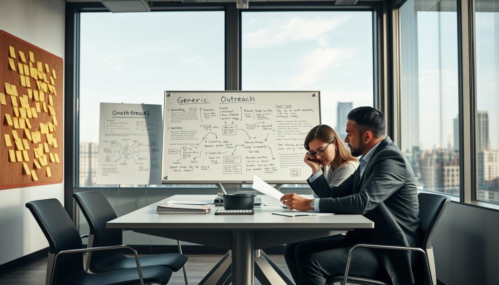 A busy corporate office setting with professionals engaged in a brainstorming session. In the foreground, a group of two diverse businesspeople, a woman in a smart blazer and a man in a tailored suit, are sitting at a modern conference table, analyzing generic outreach materials. Their expressions show frustration and concern. In the middle ground, a whiteboard filled with flowcharts and bullet points highlights ineffective outreach strategies. In the background, large windows showcase a city skyline under soft natural light, contributing to a serious but hopeful mood. The corkboard on the wall is cluttered with post-it notes, illustrating the complex challenges of modern outreach. The composition captures the essence of why generic outreach fails to connect with today's buyers, using a wide-angle lens for depth and clarity.