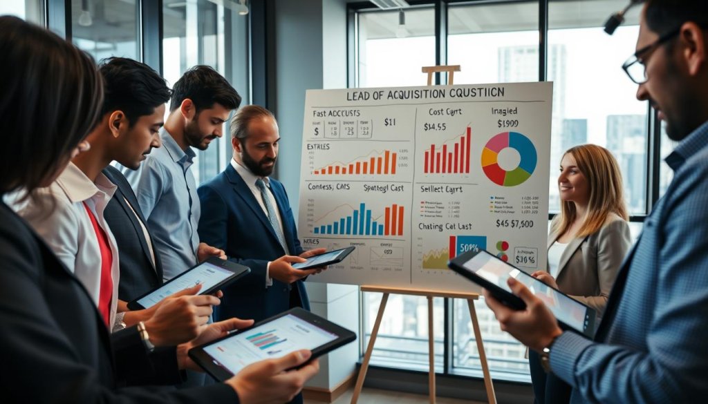 A close-up image depicting the concept of "cost of lead acquisition." In the foreground, a diverse group of professionals in business attire (men and women) studying charts and graphs on digital tablets, showcasing various metrics and costs. In the middle, a large whiteboard filled with graphs, dollar signs, and a pie chart illustrating lead acquisition costs and projections. The background features a modern office setting with city views through large windows, giving a sense of open space. Soft, natural lighting illuminates the scene, emphasizing a collaborative and analytical atmosphere. A slight shallow depth of field focuses on the professionals while softly blurring the background, creating engagement with the subject. A close-up image depicting the concept of "cost of lead acquisition." In the foreground, a diverse group of professionals in business attire (men and women) studying charts and graphs on digital tablets, showcasing various metrics and costs. In the middle, a large whiteboard filled with graphs, dollar signs, and a pie chart illustrating lead acquisition costs and projections. The background features a modern office setting with city views through large windows, giving a sense of open space. Soft, natural lighting illuminates the scene, emphasizing a collaborative and analytical atmosphere. A slight shallow depth of field focuses on the professionals while softly blurring the background, creating engagement with the subject.