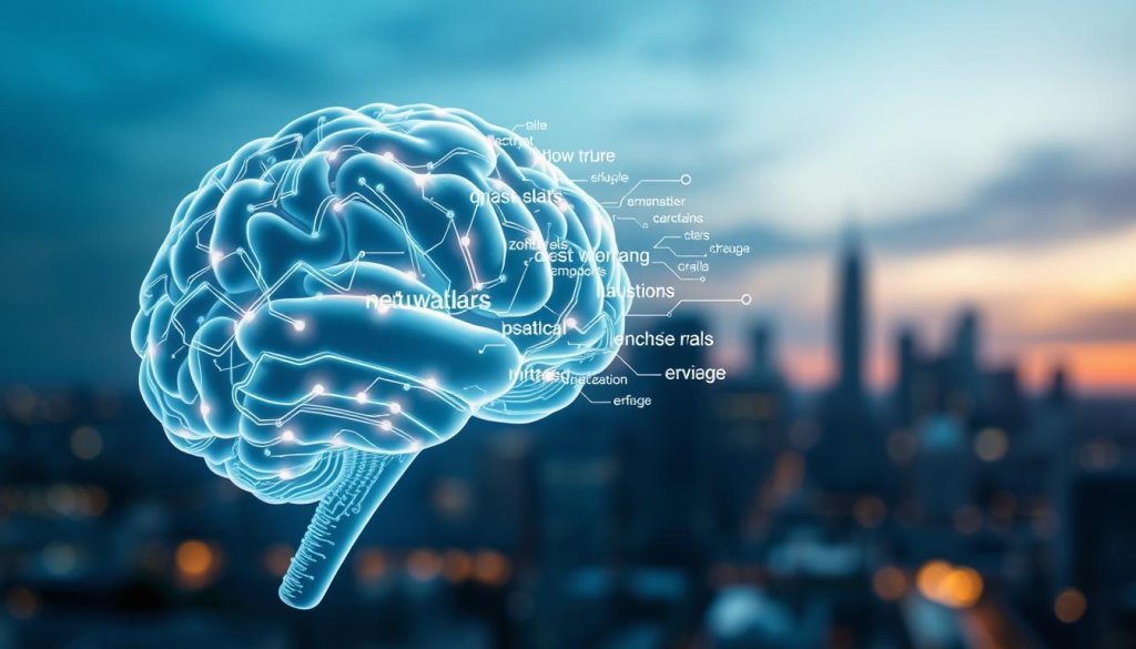 A close-up view of a stylized human brain made of intertwined circuits and flowing data streams, symbolizing "natural language" processing. In the foreground, the brain is illuminated with a soft, ethereal glow, reflecting the complexity of language understanding. The middle layer features abstract representations of keywords and phrases emerging from the brain, designed in a fluid, dynamic manner, hinting at the flow of ideas and communication. The background showcases a blurred city skyline under a twilight sky, conveying a professional and innovative atmosphere. The lighting is ambient, with cool tones to instill a sense of technology and clarity. The overall mood is focused and inspiring, capturing the essence of advanced language comprehension in a business context. No text or additional elements in the image.