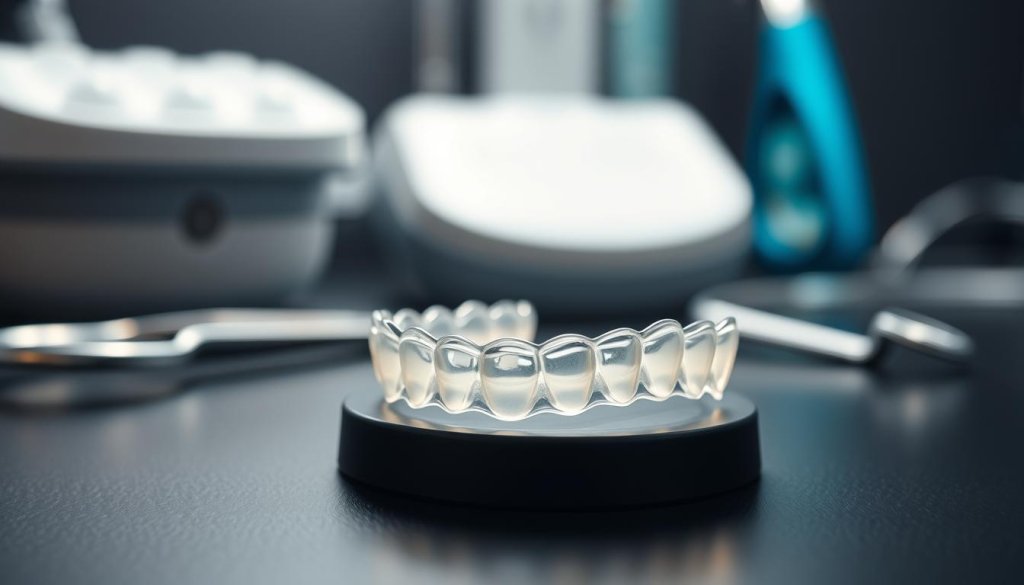 A close-up view of a traditional retainer model used in dental settings, displayed on a sleek black surface. The retainer is clear, showcasing its intricate design, with light reflecting off its smooth surface that emphasizes its transparency. In the background, blurred dental tools and equipment are subtly visible, hinting at a professional environment without drawing focus. Soft, diffused lighting illuminates the retainer, creating a sense of calm and professionalism. The angle is slightly above the retainer, giving a slight overhead perspective that highlights its shape and structure. The overall atmosphere is clean, organized, and conducive to a business-oriented discussion about traditional practices. No text or markings are present in the image.