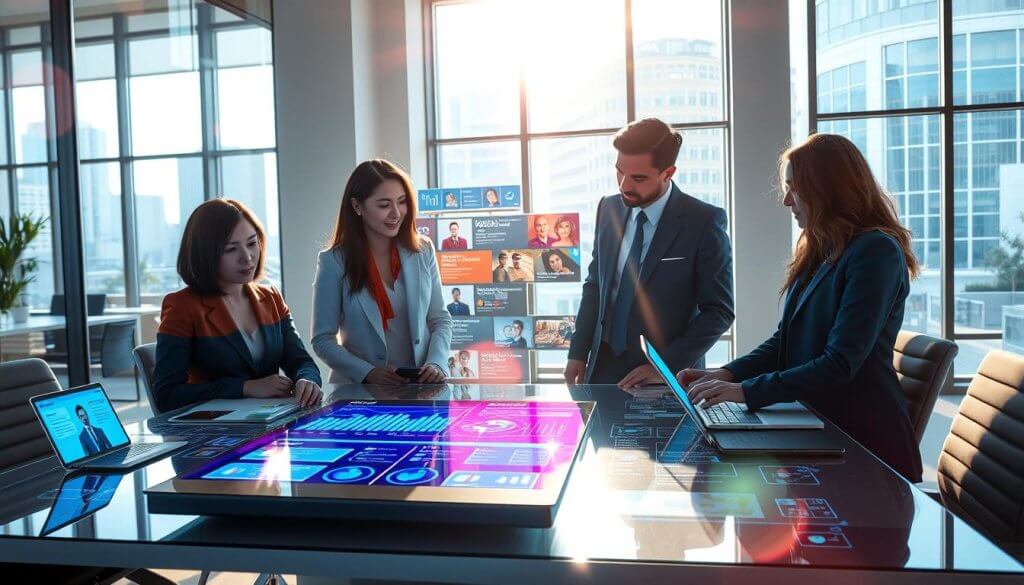 A conceptually rich illustration of "scalable personalization" in an AI-driven workspace. In the foreground, a diverse group of professionals, dressed in smart business attire, collaborate around a sleek, modern table with digital devices displaying vibrant data visualizations and user profiles. The middle section features a large interactive digital screen showcasing analytics and personalized messages flowing seamlessly between contacts. In the background, a bright office environment with large windows allowing natural light to illuminate the space, casting dynamic shadows and enhancing the modern and innovative atmosphere. A lens flare created by sunlight fills the scene, adding warmth and optimism. The mood is vibrant and energetic, emphasizing the potential of data-driven solutions to enhance communication and efficiency.
