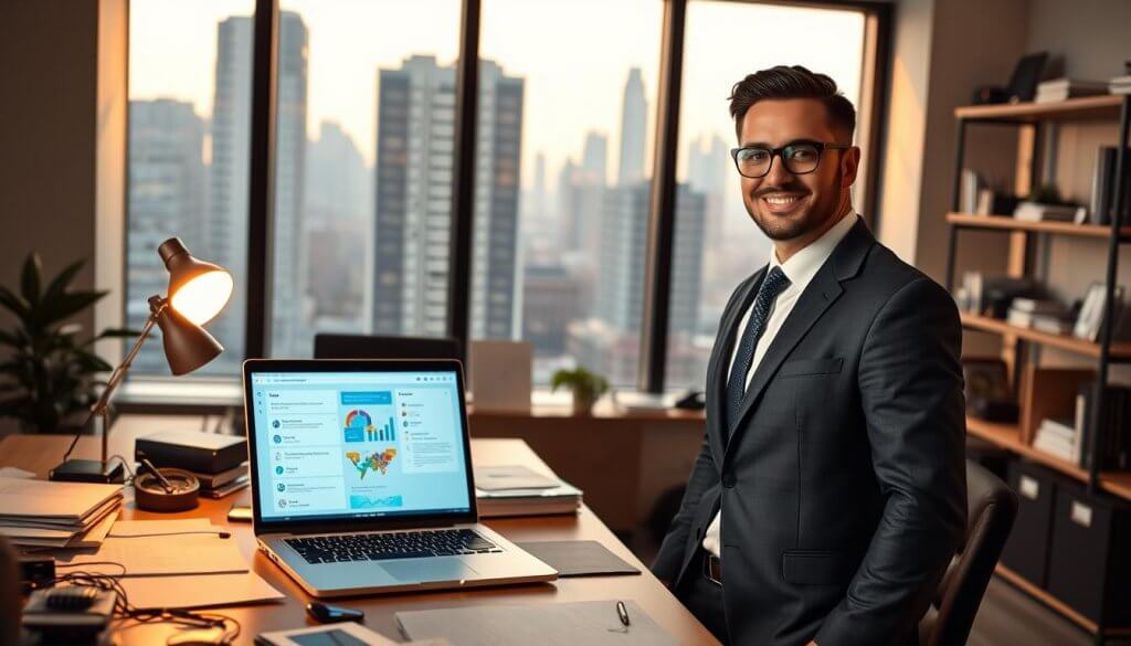 A confident business professional in a sleek office environment, dressed in smart business attire, stands at a modern desk cluttered with digital devices and documents. In the foreground, a glowing laptop screen displays analytical data and messaging tools. The middle layer showcases large windows with a cityscape view, allowing natural light to flood the room, casting soft shadows that create a productive atmosphere. The background features shelves lined with books and tech gadgets, signifying an innovative mindset. The mood is dynamic and focused, illustrating the essence of outbound messaging strategies tailored for AI SaaS, with an emphasis on overcoming workflow challenges. Use a slightly elevated angle to capture the depth of the office, enhancing the feeling of professionalism and engagement.