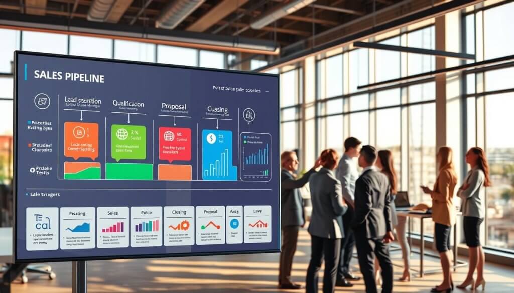 A detailed illustration of a sales pipeline for SQLs in the context of a supply chain software company. In the foreground, a sleek digital dashboard displays various stages of the sales pipeline: lead generation, qualification, proposal, and closing, represented by vibrant icons and graphs. The middle layer features a diverse team of professionals in business attire, engaged in discussions around the pipeline, pointing to data on a large screen. In the background, a modern office environment with large windows allowing natural light to flood the space, casting soft shadows. The ambiance suggests collaboration and innovation, with a focus on dynamic and effective sales processes, using a wide-angle lens to capture depth and detail, with warm, inviting lighting. The overall mood emphasizes professionalism, teamwork, and success without any text or distractions.