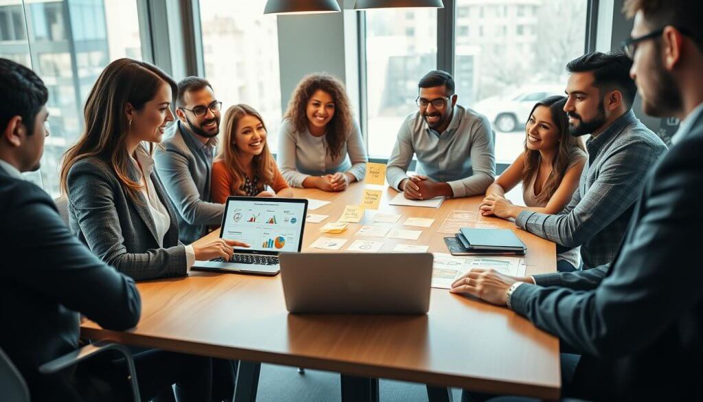 A diverse group of business professionals engaged in a dynamic brainstorming session around a modern conference table. In the foreground, a woman in professional attire points to an open laptop displaying a digital marketing strategy. The middle ground features sticky notes and charts illustrating various messaging strategies and communication channels, with icons representing social media, email, and direct outreach. The background includes a large window allowing natural light to flood the room, creating a bright and collaborative atmosphere. The professionals appear focused and motivated, reflecting a strong alignment of messaging with their target audience. The overall mood is one of teamwork and innovation, captured with a sharp focus and a warm color palette to evoke a sense of positivity and collaboration.