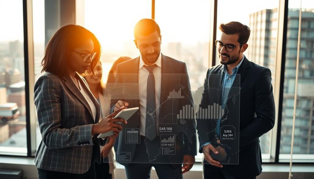 A diverse group of business professionals in a modern office setting, passionately collaborating over a digital map showcasing supply chain logistics. In the foreground, a middle-aged Black woman in business attire points to key data on a tablet, while a young Hispanic man leans in to analyze the trends. The middle ground features a large transparent screen displaying complex graphs and visuals related to supply chain operations. In the background, large windows reveal an urban landscape, bathed in warm afternoon sunlight, creating a bright and inspiring atmosphere. The scene captures the essence of teamwork, strategy, and innovation in the supply chain SaaS sector, emphasizing engagement and focus among the team members. Use soft lighting to enhance the professional yet dynamic mood.